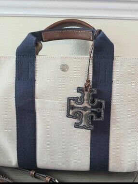 Tory Burch Cream Canvas Zip Tote with Navy Straps and Brown Leather Trim